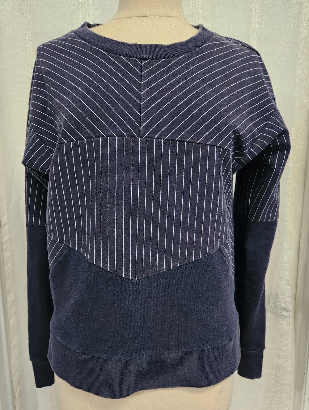 J. Crew Navy Crewneck Sweater with White Pinstripes And Zip Back